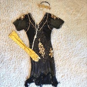 1920s Art Deco Fringed Sequin Dress Roaring 20s Flapper Fancy Dress Gatsby XS